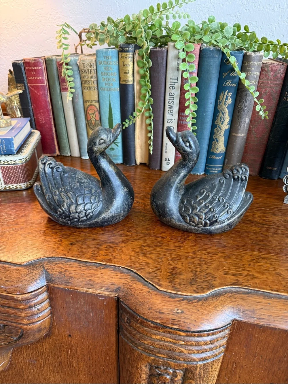 Vintage MCM Swan Figurine Pair • Black Matte with Gold Accent